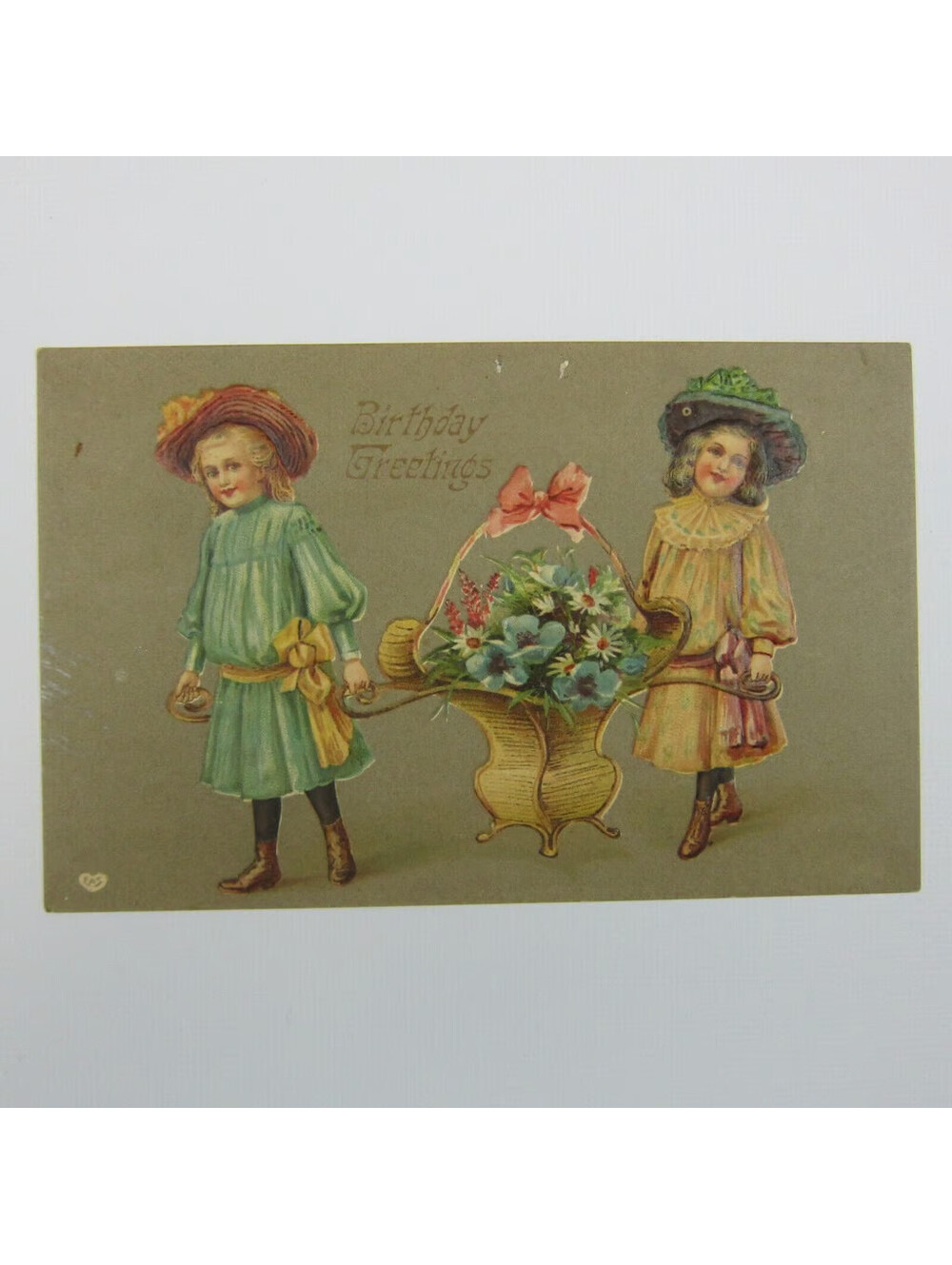 Postcard Birthday Greeting Antique Girls in Hats Carrying Flower Basket Embossed